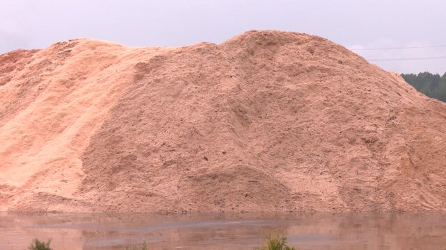 Pile of Wood Sawdust in a Vast Lumber Yard.  Mountains of sawdust in the yard of the woodworking industry
