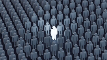 Obraz premium Leadership and individuality concept with glowing person standing out from crowd, business motivation illustration symbolizing uniqueness, confidence, influence, and team inspiration