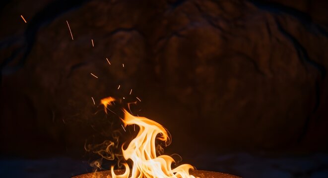Warm Campfire Flames and Sparks Against Dark Cave Wall isolated PNG with Transparent Background