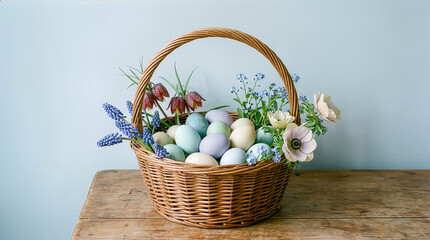 Fototapeta premium Basket holds various pastel colored eggs with flowers like bluebells and anemones beside them. Setting is a simple wooden table with light blue wall