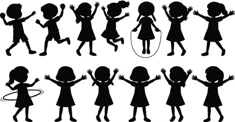 Obraz premium Children silhouettes collection of boys and girls playing, jumping and skipping rope, active kids vector set representing fun childhood activities and playful movement concept