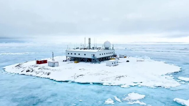 Scientific research base located in Arctic snowy environment, concept of climate study and polar exploration.