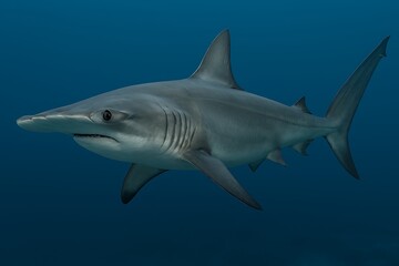 Obraz premium A blue shark swimming in the deep ocean waters, viewed from the side with fins visible.