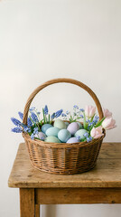 Fototapeta premium Basket holds pastel colored Easter eggs alongside flowers. Simple wooden table background adds warmth. Concept of Easter celebrations, spring events, gifting
