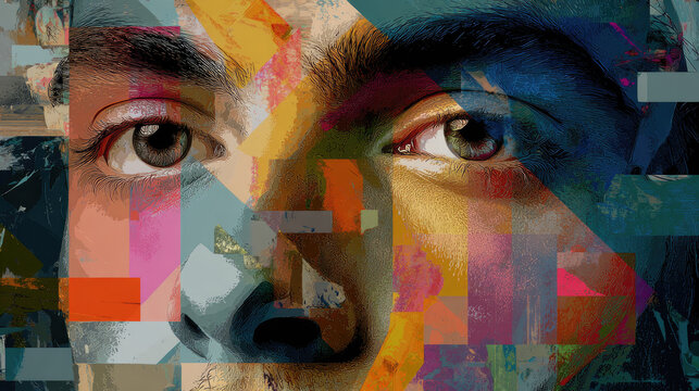Mosaic of faces morphing men and women concept. Abstract portrayal of a human face with vibrant colors and textures.