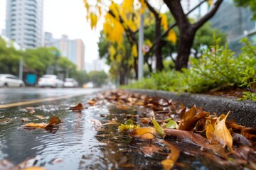 Fototapeta premium Autumn Rain on City Highway with Scattered Leaves and Reflections in Puddles