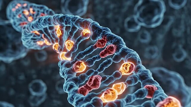 3D Animation Of A Rotating DNA Double Helix With Orange Glowing Nucleotides On Dark Blue Background Showing Medical Research Concept