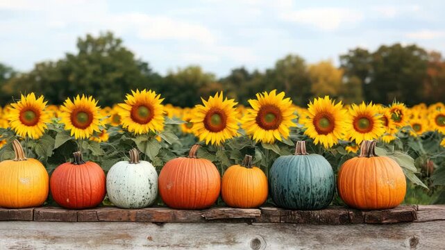 Assortment of pumpkins in front of a sunflower field, displayed on a wooden surface, day