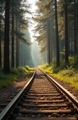 Fototapeta premium Railway tracks curve through a dense green forest bathed in soft sunlight. The empty path leads into a hazy distance, evoking a sense of quiet journey and natural beauty.