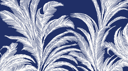 Elegant Japanese-inspired background featuring white hand-drawn palm or fern fronds on a navy blue field. Intricate woodblock-style etching creates a rhythmic, botanical aesthetic.  © Dear Reader