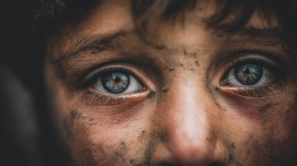 Fototapeta premium Poor kid portrait in gloomy slum background concept. Close-up of a child's face with expressive blue eyes and dirt.