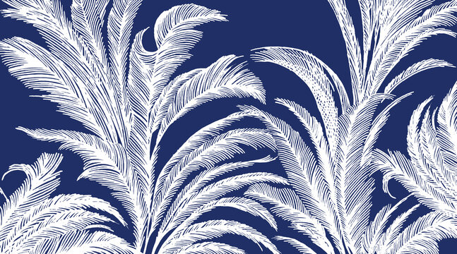 Elegant Japanese-inspired background featuring white hand-drawn palm or fern fronds on a navy blue field. Intricate woodblock-style etching creates a rhythmic, botanical aesthetic.
