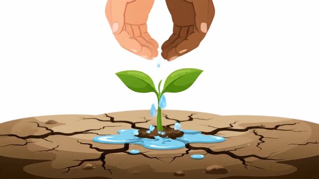 Hands Watering Small Green Plant Growth.