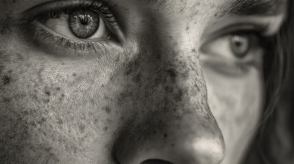 Naklejka premium Poor kid portrait in gloomy slum background concept. Close-up of a freckled face in black and white.