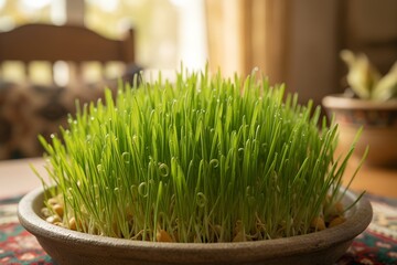 Sabzeh Sprouts Close-Up &ndash; Traditional Nowruz Haft-Seen Green Wheat Grass