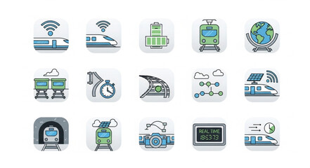 Collection of modern train and transportation icons. © Kimpling