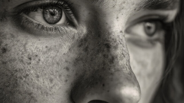 Poor kid portrait in gloomy slum background concept. Close-up of a freckled face in black and white.