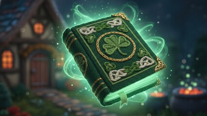 Magical knitted book with a shamrock and Celtic knots. Glowing St Patrick Day concept. Irish folklore and luck.