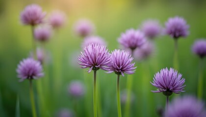 Fototapeta premium Purple chive flowers bloom in a garden. This perennial herb is edible and grows in summer. Soft green background highlights delicate blossoms. Natural scene.