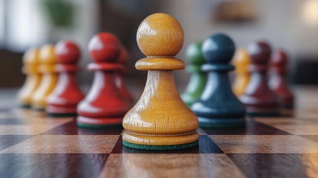 close-up of a yellow wooden pawn standing at the front of a colorful lineup of polished wooden pawns on a checkered chessboard conveying focus and confident leadership