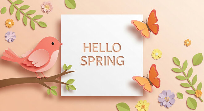 Paper bird sits on branch near white square. Butterfly, leaf, flower decorate peach surface, cutout "Hello Spring". Symbol of new season and nature