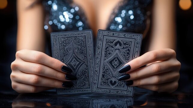 Close-up of woman's hands with long black nails holding two ornate black playing cards over a reflective glossy table, glittering sequin dress and blurred cleavage evoking mystery and seduction