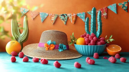 Fototapeta premium Bright summery still life with straw sun hat adorned with flowers, turquoise bowl overflowing with raspberries and oranges, scattered berries, decorative cacti and colorful bunting, cheerful vibe