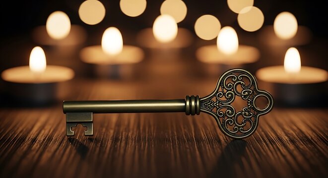 A large ornate key sitting on a table with lit candles