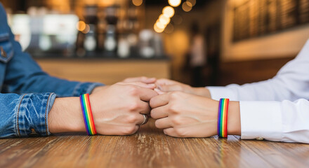 Obraz premium Close up of two pairs of hands holding on wooden table with rainbow bracelet. It symbolizes support, love, connection and LGBTQ community