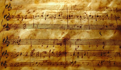 Fototapeta premium close-up of aged parchment sheet music with treble clefs, handwritten musical notes and staff lines on a stained sepia surface conveying a nostalgic melancholic atmosphere