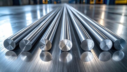 Gleaming metallic rods of uniform diameter precisely arranged in parallel lines on a brushed metal surface, showcasing industrial precision and material strength.