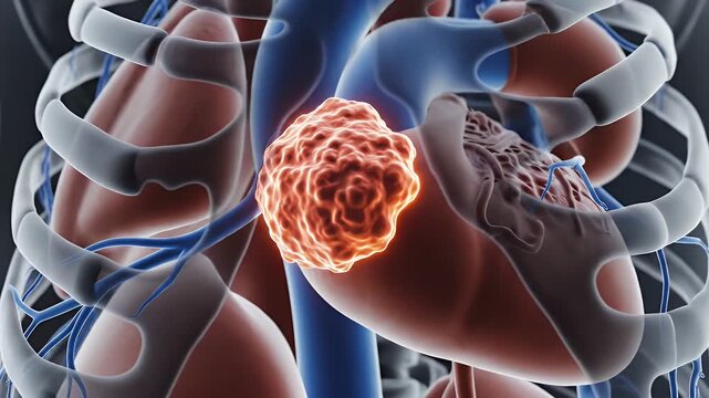 3D Medical Animation of a Human Heart with a Developing Tumor and Surrounding Lungs and Veins Illuminated Against a Dark Background