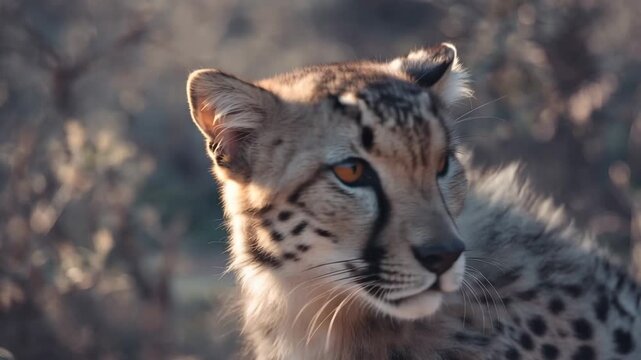 Close up portrait of a majestic cheetah with orange eyes in the wild savanna