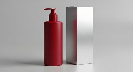 Obraz premium Red Lotion Bottle and Silver Box Product Mockup.