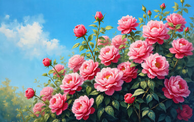 Obraz premium Oil painting depicts lush pink peonies and rose buds under a bright blue sky with scattered clouds. Green leaves form a dense garden backdrop. Artwork style is impressionistic and vibrant.