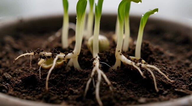 Macro closeup timelapse of sprouting pea seeds germinating in soil with vibrant green shoots and roots developing, showcasing natural growth process in high detail