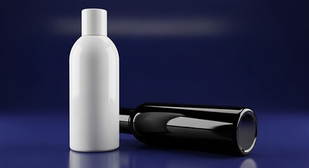 Two cosmetic bottles, one white and one black, on a blue background.