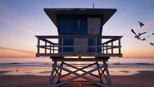 Lifeguard tower silhouetted against a vibrant sunset, with birds flying in the foreground over a sandy beach and calm ocean waves in the background
