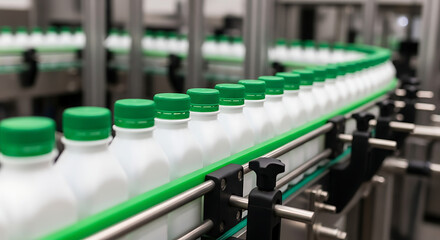 Fototapeta premium Rows of white plastic bottles with green caps on a conveyor belt in a manufacturing facility