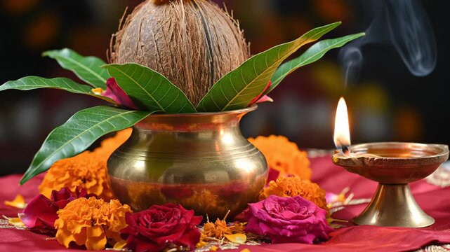 Hindu Religious Kalash Coconut Mango Leaves And Diya Oil Lamp With Marigold Flowers And Roses