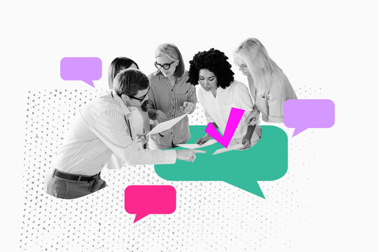 3D collage design composite trend artwork sketch of check done task text bubble dialog box message team young lady man hold document talk