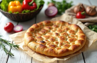 Freshly baked round flatbread with golden crust. Grains, red onion, herbs surround bread on white wooden table. Delicious homemade pastry offers tasty traditional taste.