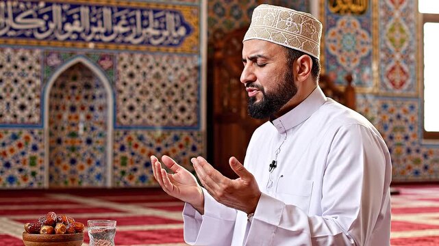 "Man in mosque praying with dates and water"