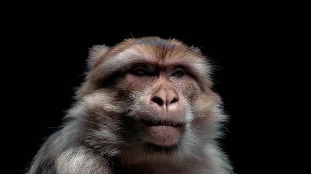 Dramatic close up portrait of a monkey face on black background