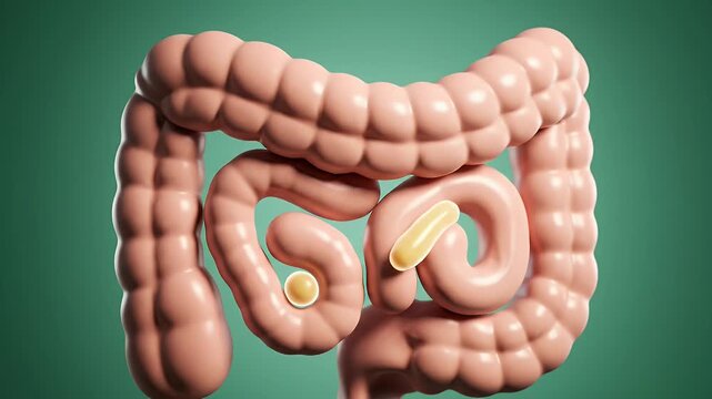 3D Render of Human Digestive System showing Large and Small Intestines with a Yellow Polyp Highlighted on a Teal Green Gradient Background