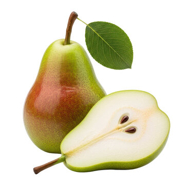 Whole pear with leaf and sliced half isolated on white illustrating fresh fruit concept, healthy eating and natural produce presentation
