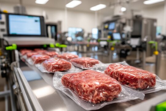 Modern Meat Processing Plant Interior with Packaged Cuts on Conveyor Belt