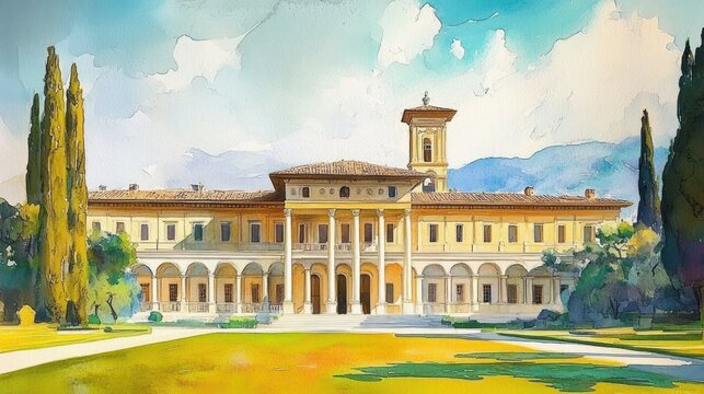 serene sunlit classical villa with grand columned portico, arched colonnades, central tower, cypress trees and expansive lawn under a bright sky