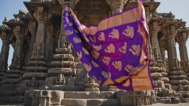 Ornate Temple Architecture with Flowing Purple and Gold Saree in Sunlight