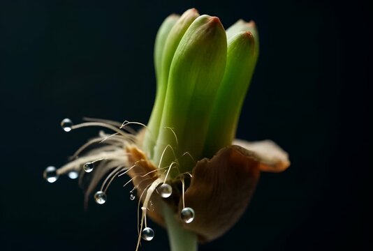 Macro closeup timelapse of sprouting pea seeds with vibrant green shoots emerging from the seed coat, delicate roots forming, and water droplets, showcasing the natural growth process in stunning de